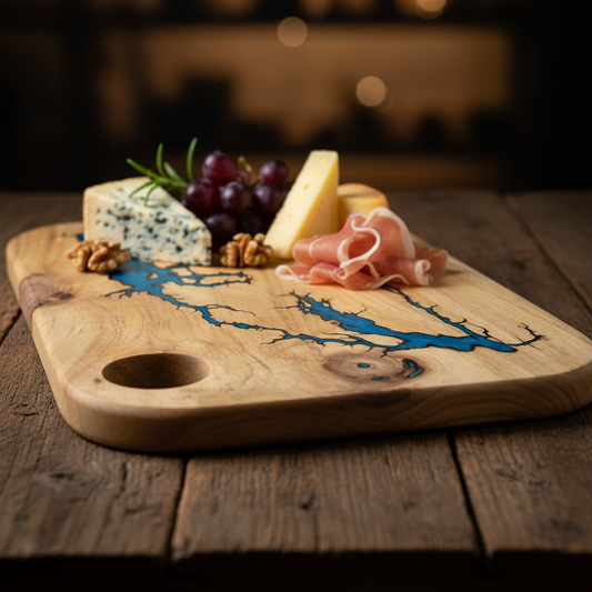 Blue resin charcuterie board 16x10.5 edge view with food acacia wood serving platter Nav Konst