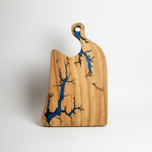 Blue resin charcuterie board 16x10.5 product shot white background acacia wood Nav Konst