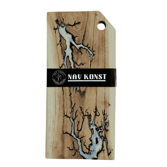 Nav Konst Resin Charcuterie & Cutting Board – 16″×8″ Handmade Acacia Wood Cheese Serving Platter with White Pearl Epoxy Inlay