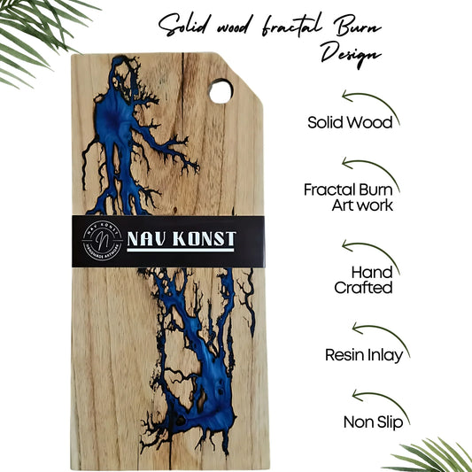 Nav Konst Acacia Wood Resin Charcuterie & Cutting Board – 16″×8″ Handmade Serving Platter with Blue Epoxy Inlay - Nav Konst