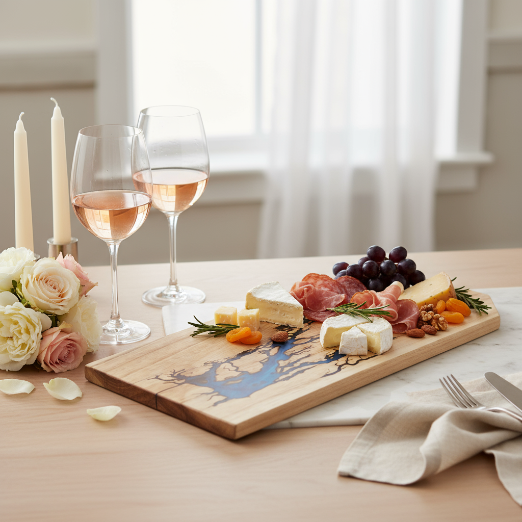 Wooden charcuterie board with assorted meats, cheeses, and fruits on a table with two glasses of wine and flowers.