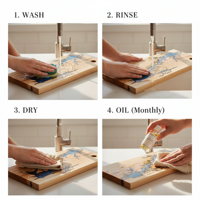 Step-by-step process of cleaning and maintaining a wooden cutting board with washing, rinsing, drying, and oiling.
