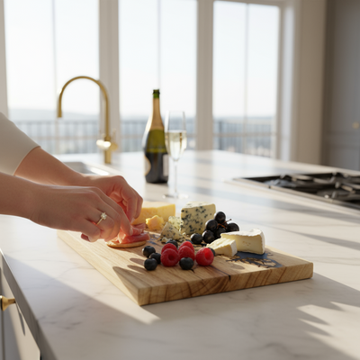 Person preparing a cheeseboard with fruits and a bottle of wine on a kitchen counter.