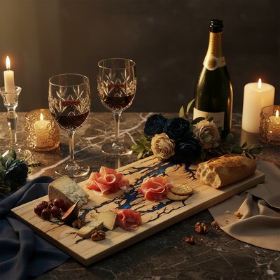 Dinner setup with a cheeseboard, wine glasses, and a bottle of champagne on a dark surface.