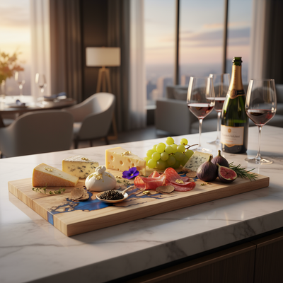 Gourmet platter with cheese, fruits, and a bottle of wine on a marble counter with a cityscape view.