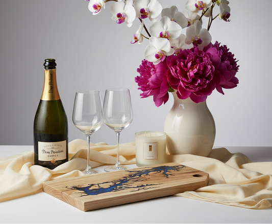 Bottle of champagne, two wine glasses, a vase with flowers, and a wooden cutting board on a table.