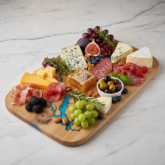 Artisan Charcuterie Board – Blue Resin Wood Serving Platter | Nav Konst Handmade Acacia Cheese Board with Sapphire Epoxy