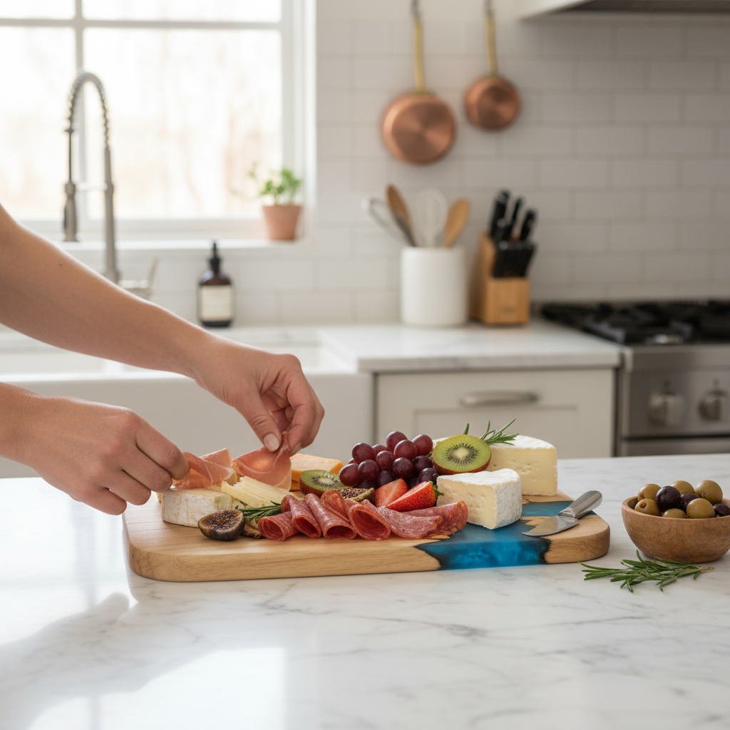 Artisan Charcuterie Board – Blue Resin Wood Serving Platter | Nav Konst Handmade Acacia Cheese Board with Sapphire Epoxy