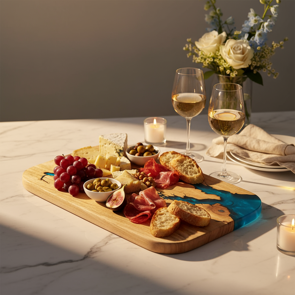 Artisan Charcuterie Board – Blue Resin Wood Serving Platter | Nav Konst Handmade Acacia Cheese Board with Sapphire Epoxy