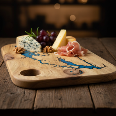 Artisan Charcuterie Board – Blue Resin Wood Serving Platter | Nav Konst Handmade Acacia Cheese Board with Sapphire Epoxy