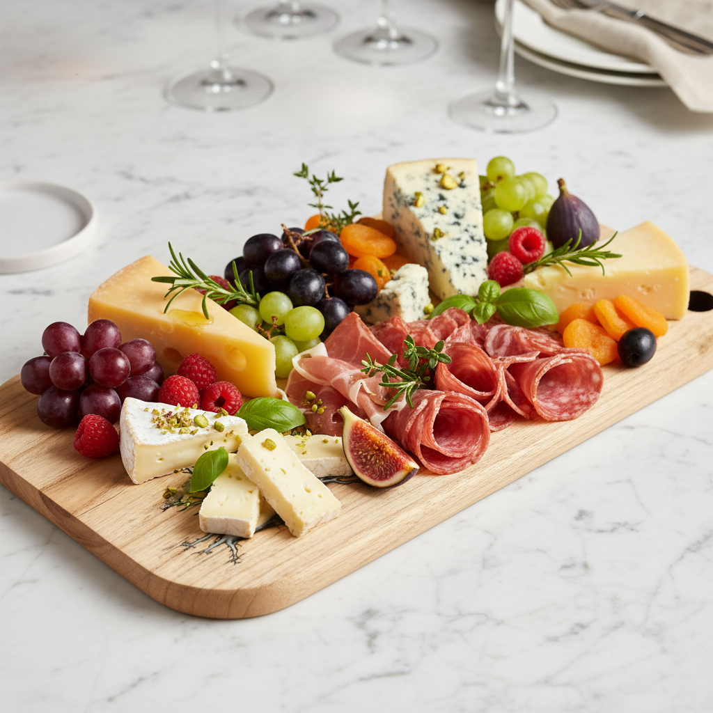 Wooden charcuterie board with meats, cheeses, fruits, and vegetables on a marble surface.