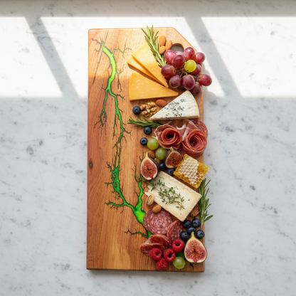 Resin Charcuterie Board 16×8 – Green Fractal Epoxy Serving Platter | Nav Konst Handmade Acacia Cheese Board
