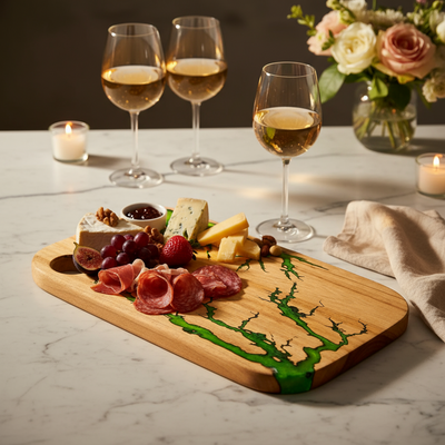 Green Epoxy Charcuterie Board 16.5×10.5 – Handmade Resin Wood Serving Platter | Nav Konst Acacia Cheese Board