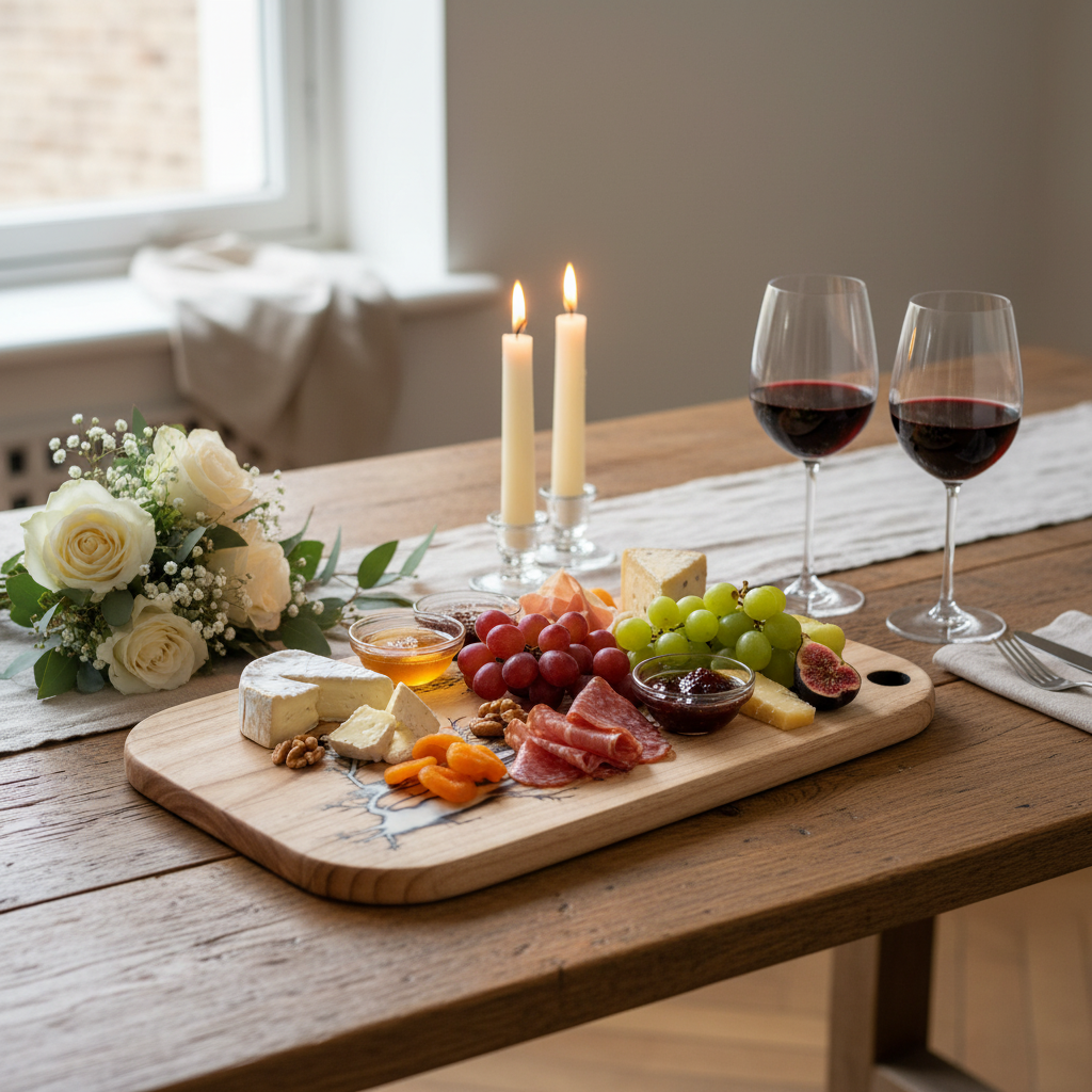 Wooden charcuterie board with fruits, meats, and cheeses on a table with candles and wine glasses.