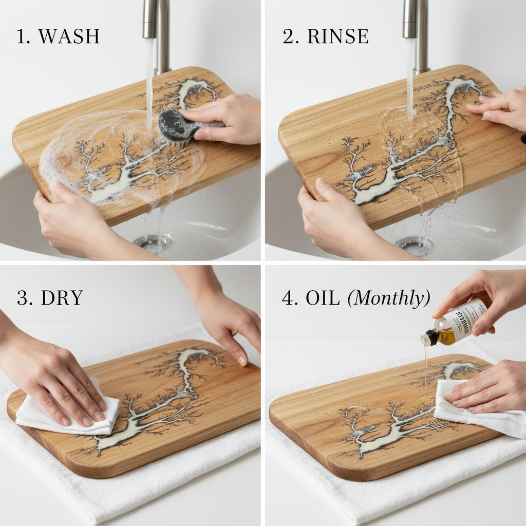 Step-by-step process of cleaning and maintaining a wooden cutting board.