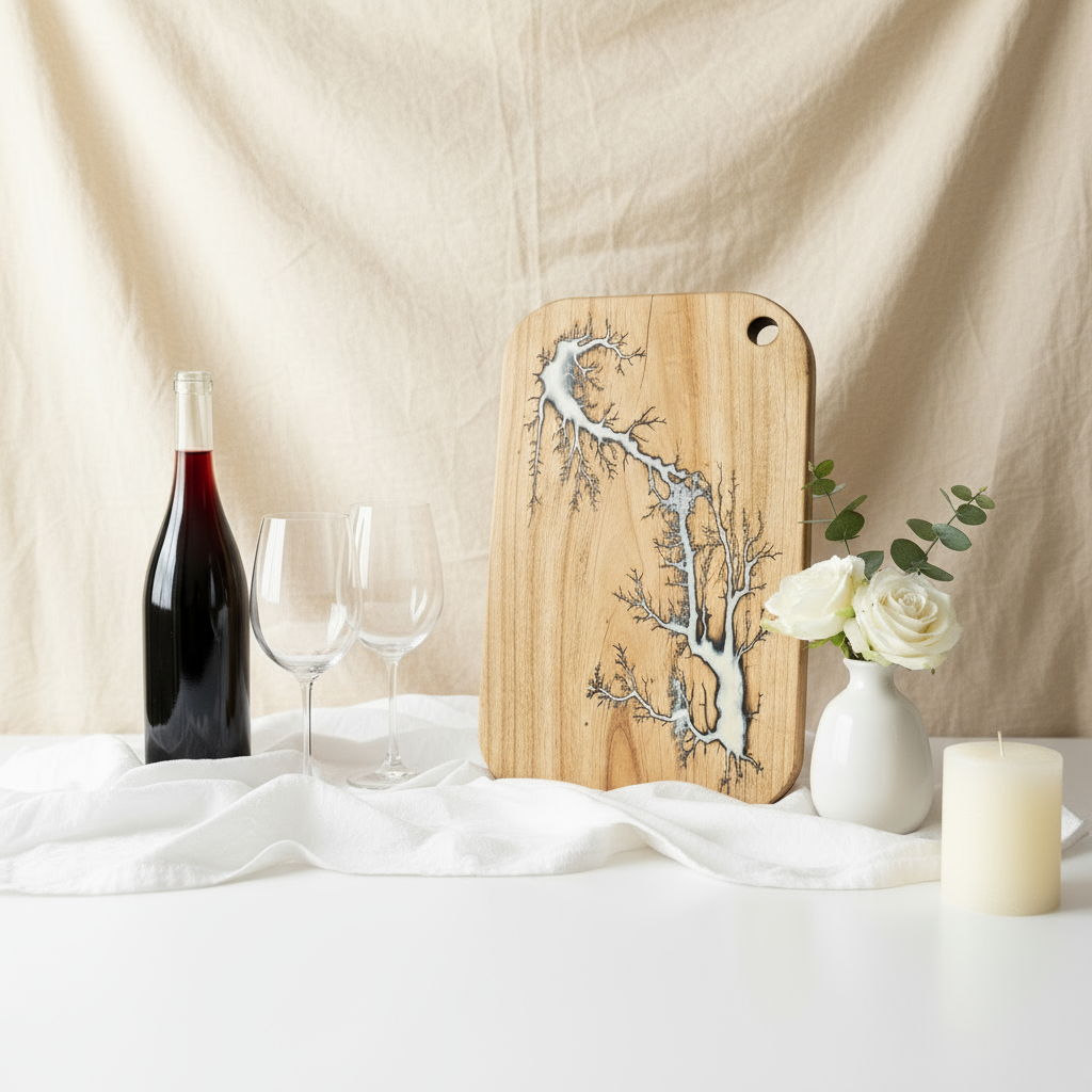 Wooden cutting board with tree design on a table with wine and flowers