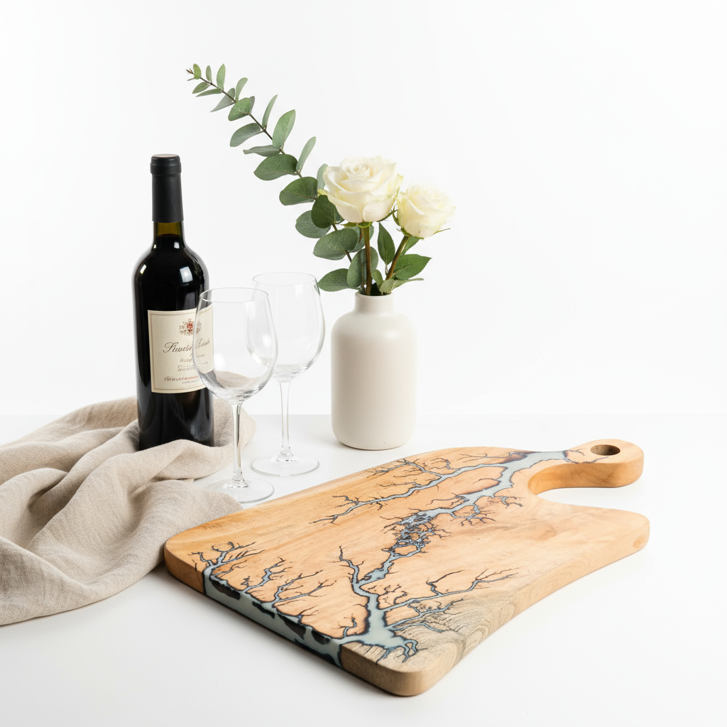 Handmade Charcuterie Board 16×10.5 – White Resin Wood Serving Platter | Nav Konst Acacia Cheese Board with Ivory Epoxy