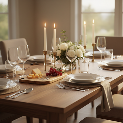 Dining table set for a meal with plates, glasses, and candles in a home setting.