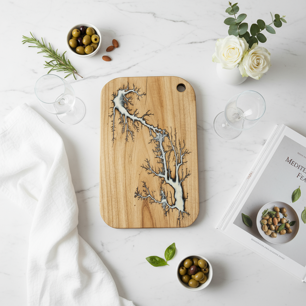 Wooden cutting board with tree design on a table with olive oil and flowers