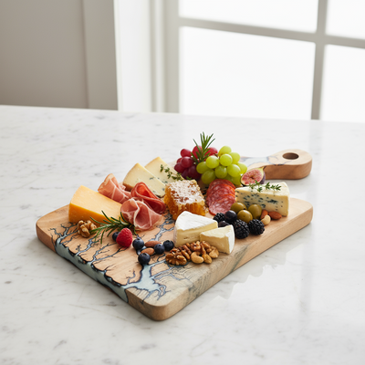 Handmade Charcuterie Board 16×10.5 – White Resin Wood Serving Platter | Nav Konst Acacia Cheese Board with Ivory Epoxy