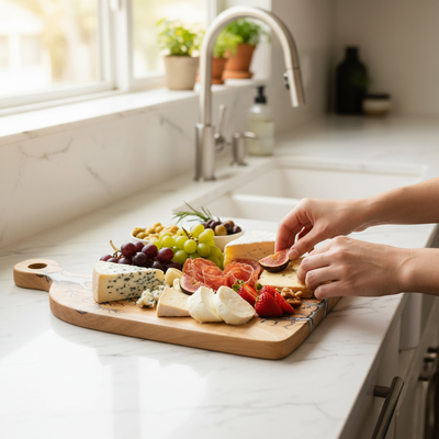 Handmade Charcuterie Board 16×10.5 – White Resin Wood Serving Platter | Nav Konst Acacia Cheese Board with Ivory Epoxy