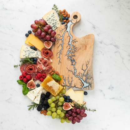 Handmade Charcuterie Board 16×10.5 – White Resin Wood Serving Platter | Nav Konst Acacia Cheese Board with Ivory Epoxy