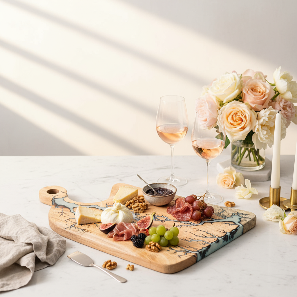 Handmade Charcuterie Board 16×10.5 – White Resin Wood Serving Platter | Nav Konst Acacia Cheese Board with Ivory Epoxy