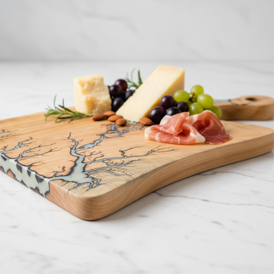 Handmade Charcuterie Board 16×10.5 – White Resin Wood Serving Platter | Nav Konst Acacia Cheese Board with Ivory Epoxy