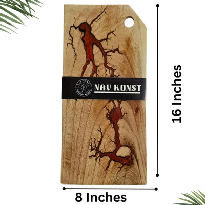 Handmade red epoxy charcuterie board acacia wood serving board details Nav Konst