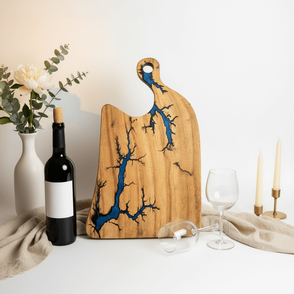 Blue epoxy charcuterie board 16x10.5 size reference with wine acacia wood Nav Konst